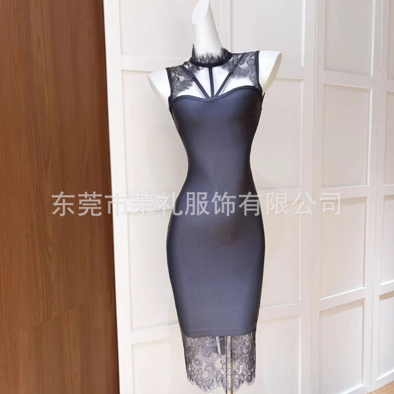 Cross-Border European and American Sexy Lace Dress, Elegant and Elegant High-Neck Sleeveless Slimming Hip-Hugging Bandage Skirt Cross-Border European and American Sexy Lace Dress, Elegant and Elegant High-Neck Sleeveless Slimming Hip-Hugging Bandage Skirt