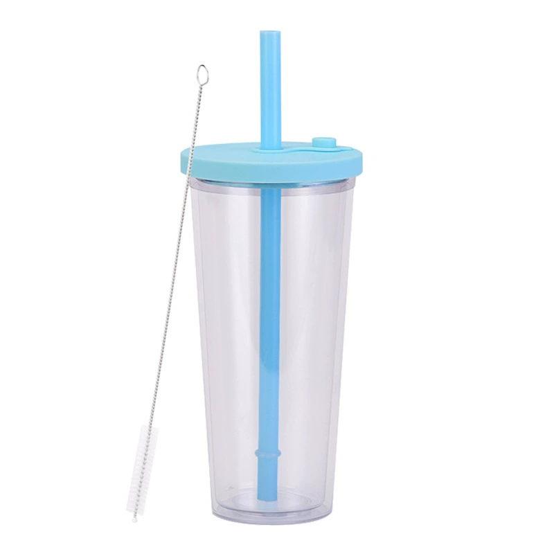 Двухслойный пластиковый стакан 700 мл, прозрачная чашка с крышкой и соломинкой, переносная