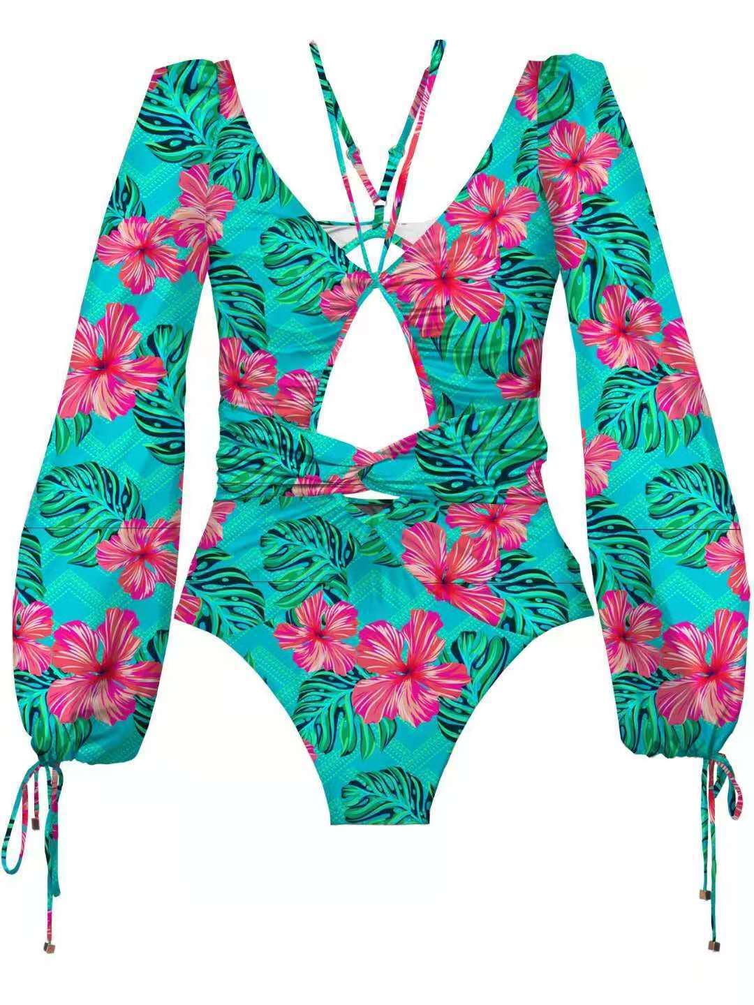 192g Weight Long Sleeve Sleeve Length Nylon, Polyester Fabric Type Regular Top Length Bodysuit Tops Type Swimming Occasion Deep V Neckline Skinny Fit Type Printing Pattern Women's Gender Hollow Out Design Sexy Style Women's Sexy Printing Hollow Out One Piece Swimwear 15