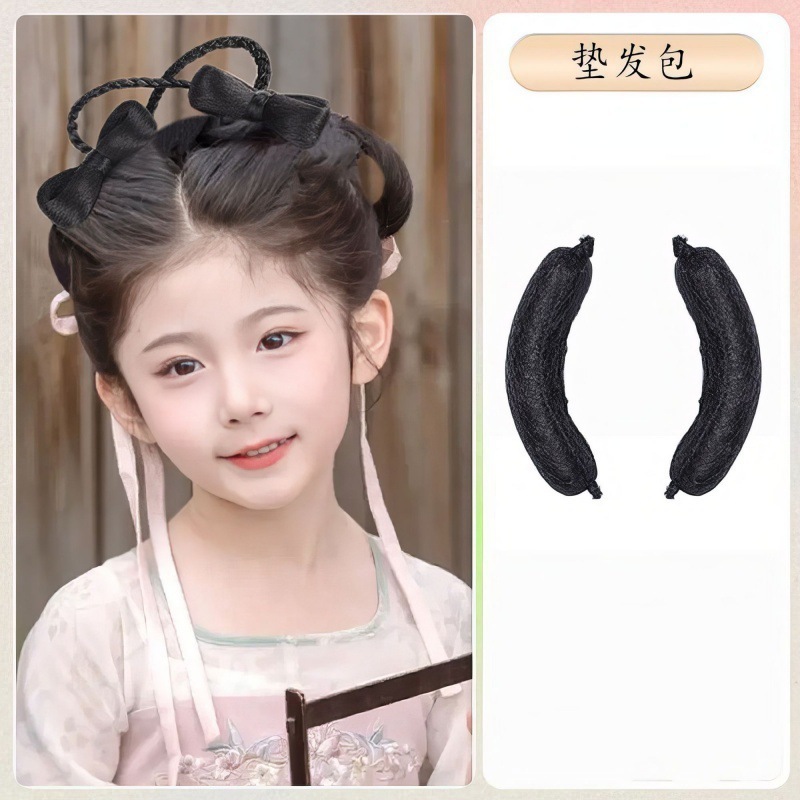 子供用古代衣装ヘアピース、かわいい女の子用漢服風ヘアピースセット、シンプルで多用途な古代風おだんごヘアバッグ|undefined