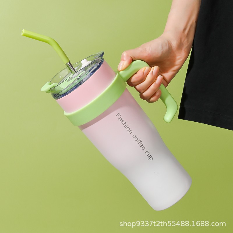 Taza aislante gigante popular transfronteriza con degradado, taza para auto con asa y pajita, portátil, de gran capacidad 304, para hielo.