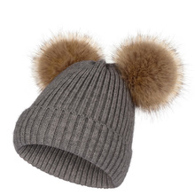 秋冬新款毛线帽 仿貉子双毛球针织帽子保暖百搭 纤绒包芯纱套头帽