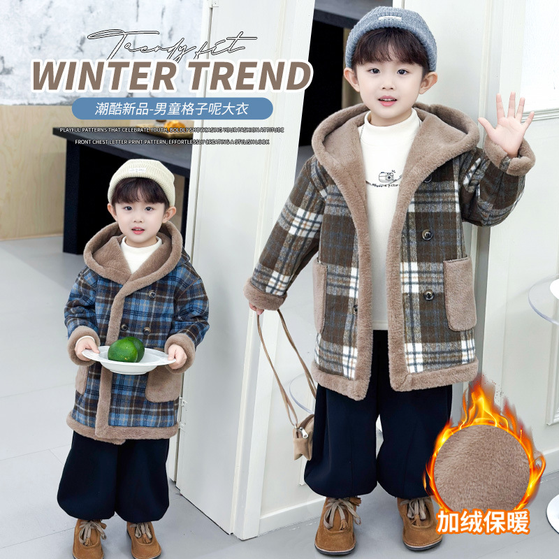 儿童冬季毛呢外套男童洋气中小童加绒跨境上衣男宝中长款呢子大衣