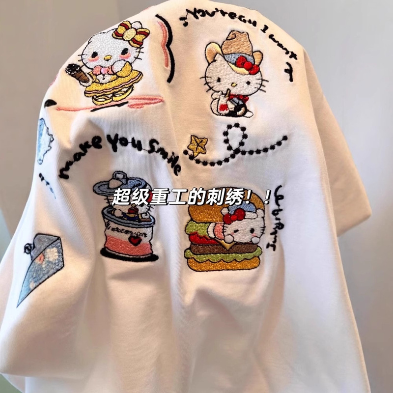 女性用の実用的な刺繍入り漫画かわいいキティ猫半袖Tシャツ、夏のゆったりとしたニッチなデザイン、多用途のトップス|undefined