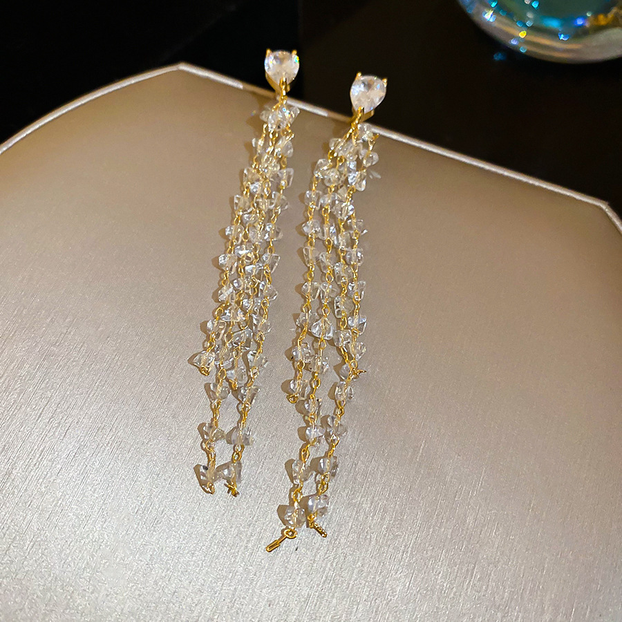 18k oro real galvanizado aguja de plata circón cristal artificial borla pendiente personalidad pendiente de nicho temperamento aretes de alta gama