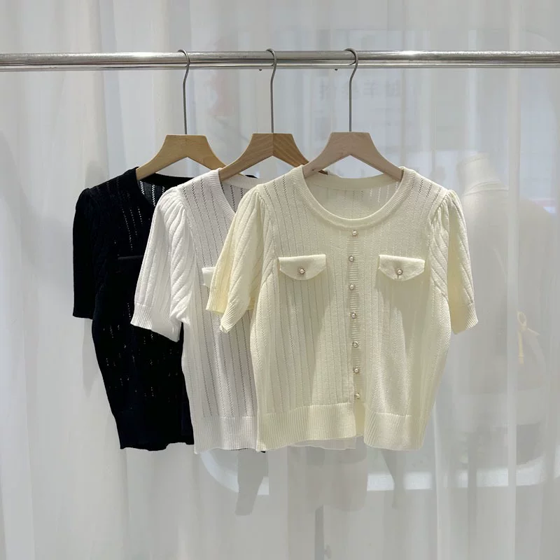 Летний вязаный свитер, футболка с коротким рукавом, стиль Chanel