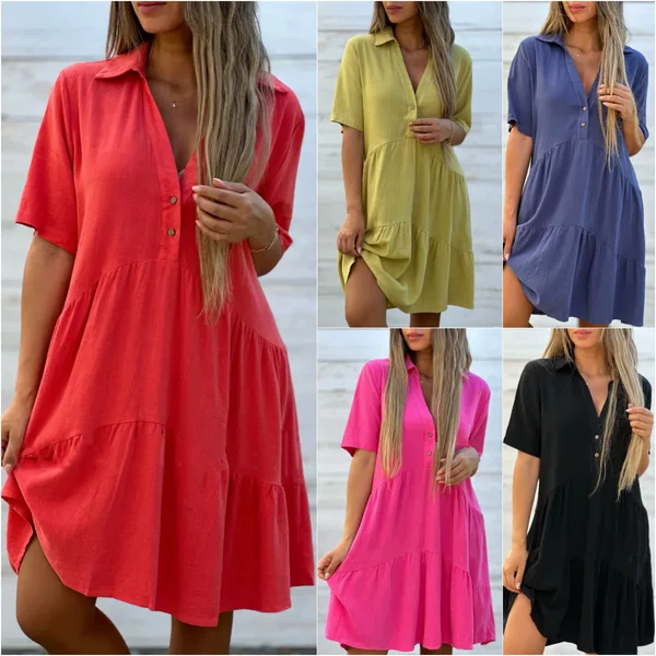 2026 Cross-Border Foreign Trade European and American Women's Clothing Amazon Dress Loose Solid Color Lapel Casual Short-Sleeved Cotton and Linen Dress