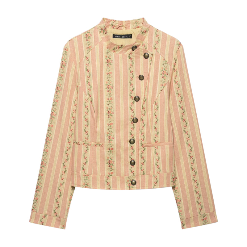 Qadın uzunqol jaket, zolaqlı jakkard güllü naxış