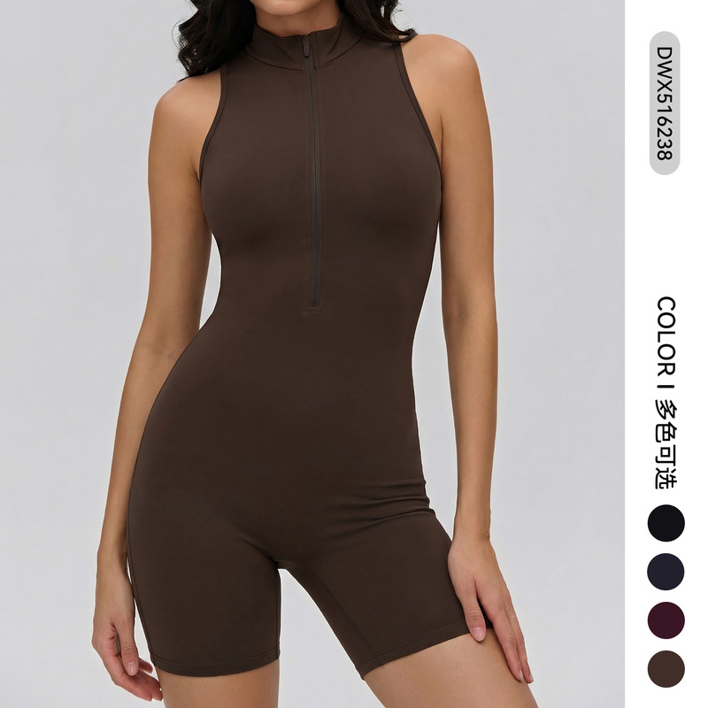 Cross-Border Hollow-Out Back Half-Zip Solid Color Short Bodysuit Slimming Shapewear Fitness Training Sports Yoga Wear Cross-Border Hollow-Out Back Half-Zip Solid Color Short Bodysuit Slimming Shapewear Fitness Training Sports Yoga Wear