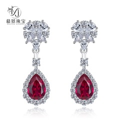 慕景珠寶 2023新款純銀仿真紅寶石7*10耳環INS歐美熱銷長款耳飾品