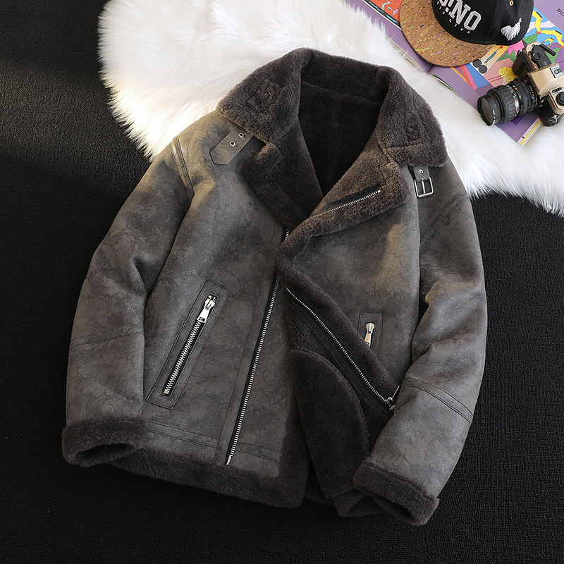 2025 Winter Men's New Suede Lambswool Outwear Fur Integrated Fleece-Lined Thickeneded Warm Motorcycle Leather Jacket