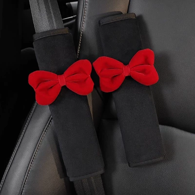 Interior Accessories, Seat belt shoulder pad - set-of-2-red-bow-plush-shoulder-cover