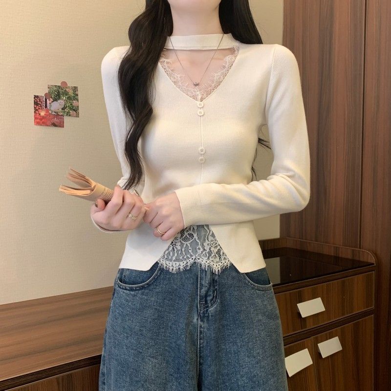 2025新款V领挂脖打底衫女秋冬内搭毛衣小个子亮色千金御姐上衣|undefined