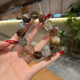 天然水晶手串女黑金超七手串四季幽灵茶晶招财转运灰月光手链批发