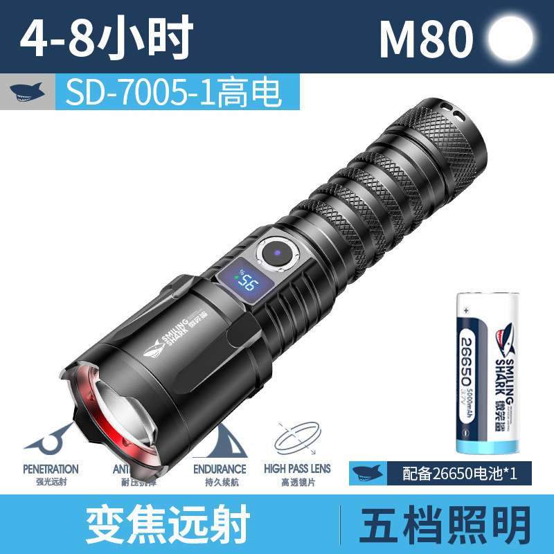 微笑鲨户外变焦远射高亮手电筒五档调节强光铝合金手电筒|undefined