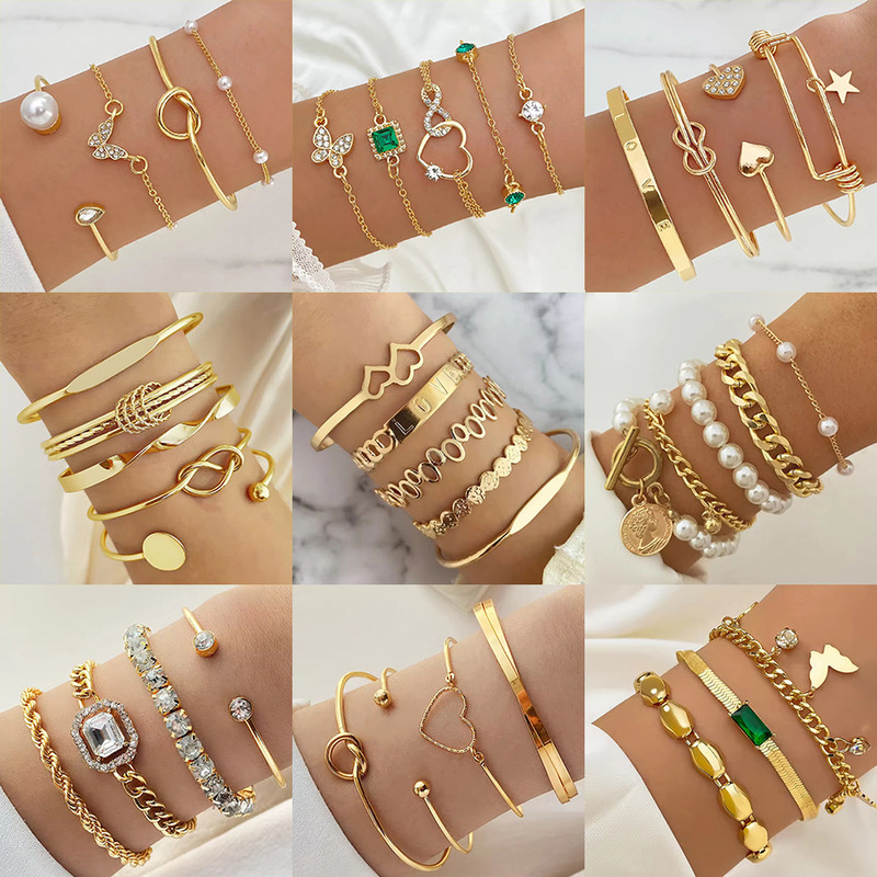 European and American Cross-Border Retro Style Pearl and Rhinestone Bracelet Gold Geometric Design Charm Bracelet 5-Piece Set for Women European and American Cross-Border Retro Style Pearl and Rhinestone Bracelet Gold Geometric Design Charm Bracelet 5-Piece Set for Women