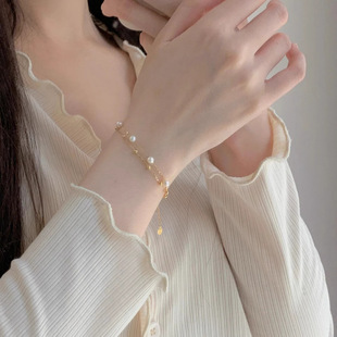 18k gold natural freshwater pearl gypsophila bracelet au750 double-layer winding gold bead bracelet o-chain female explosions