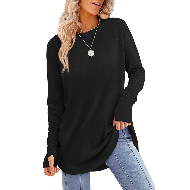 Amazon Women's Casual Long-Sleeve Fashionable Top with Thumb Holes, Round Neck and Curved Hem T-Shirt Amazon Women's Casual Long-Sleeve Fashionable Top with Thumb Holes, Round Neck and Curved Hem T-Shirt
