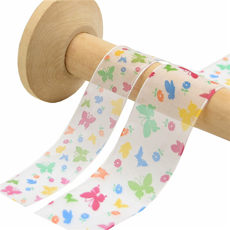 Impresión transfronteriza de primavera mariposa colorida cinta de nieve transparente hecha a mano DIY arco toque de cabello material cinta