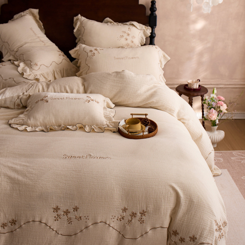 French Vintage Style Cotton-linen Embroidered Four-piece Set, Ultra-soft Sheet Duvet Cover With Three-dimensional Floral_voghion.com