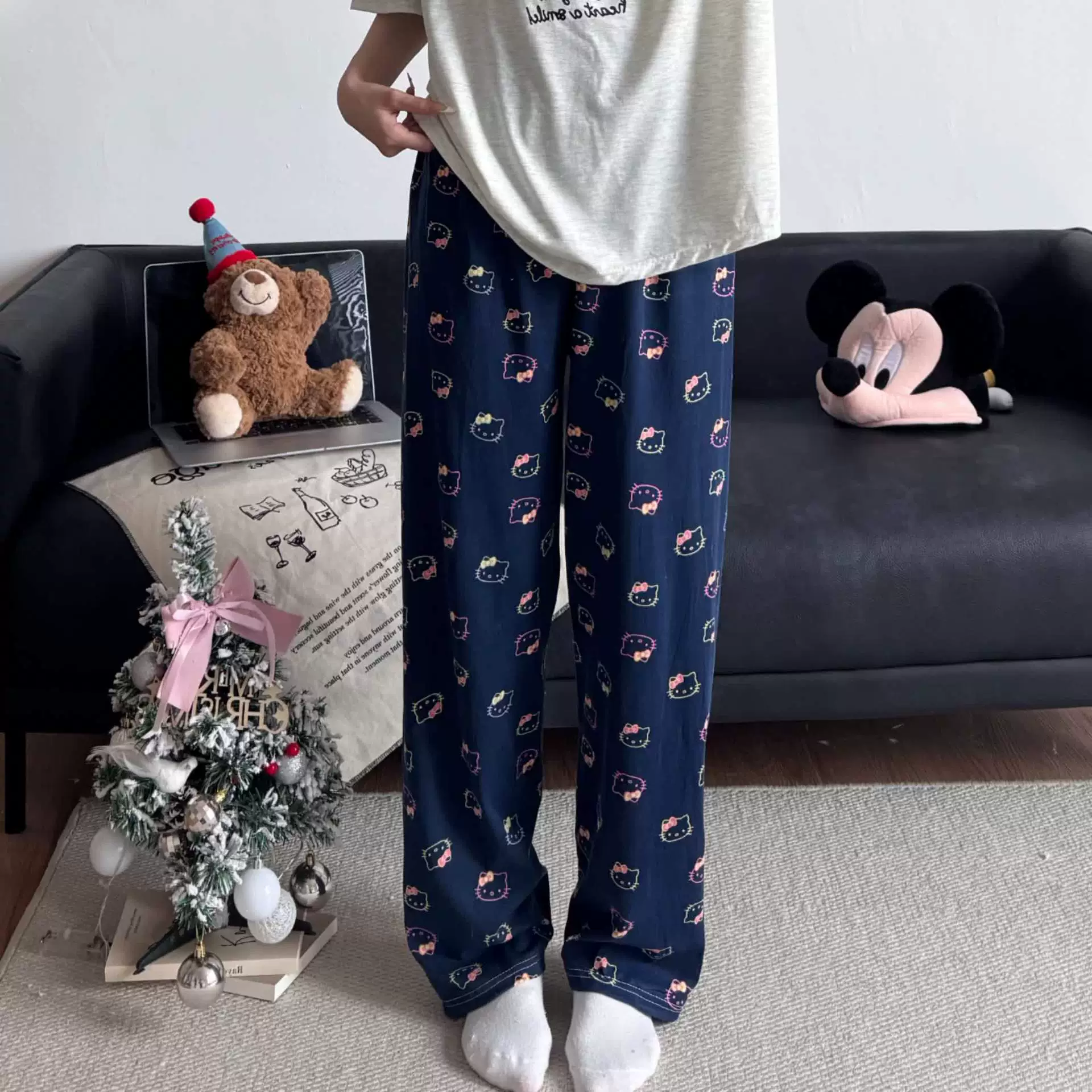 Hello Kitty, мультяшные осенние штаны, оверсайз, высокая талия, свободный прямой крой