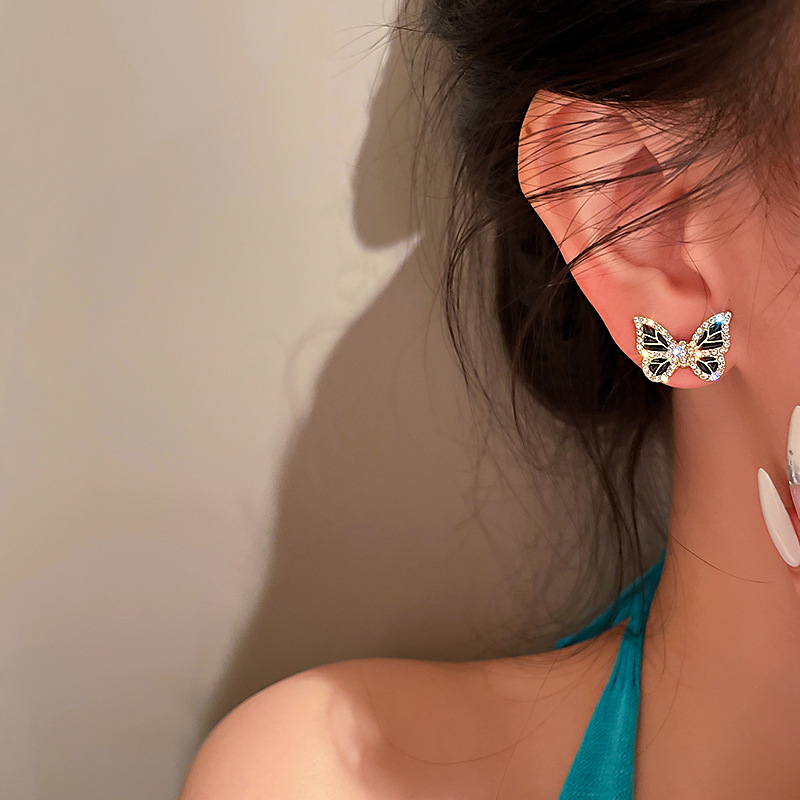 fashion black inlaid rhinestone butterfly stud earrings wholesale Nihaojewelry