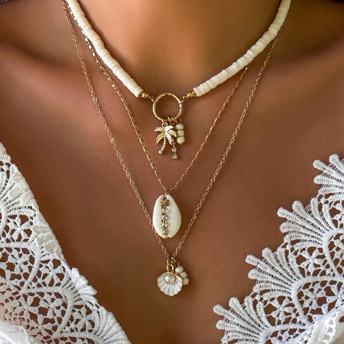 European and American cross-border jewelry, ocean style shell conch tassel multi-layer necklace, stacked soft clay starfish necklace for women