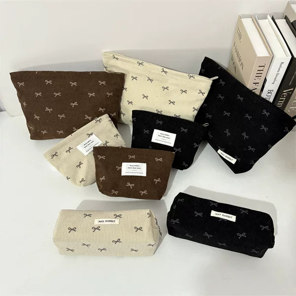 Foreign Trade Ins Corduroy Cute Bow Cosmetic Bag Portable Clutch Bag Large Capacity Toiletry Bag Women's Storage Bag