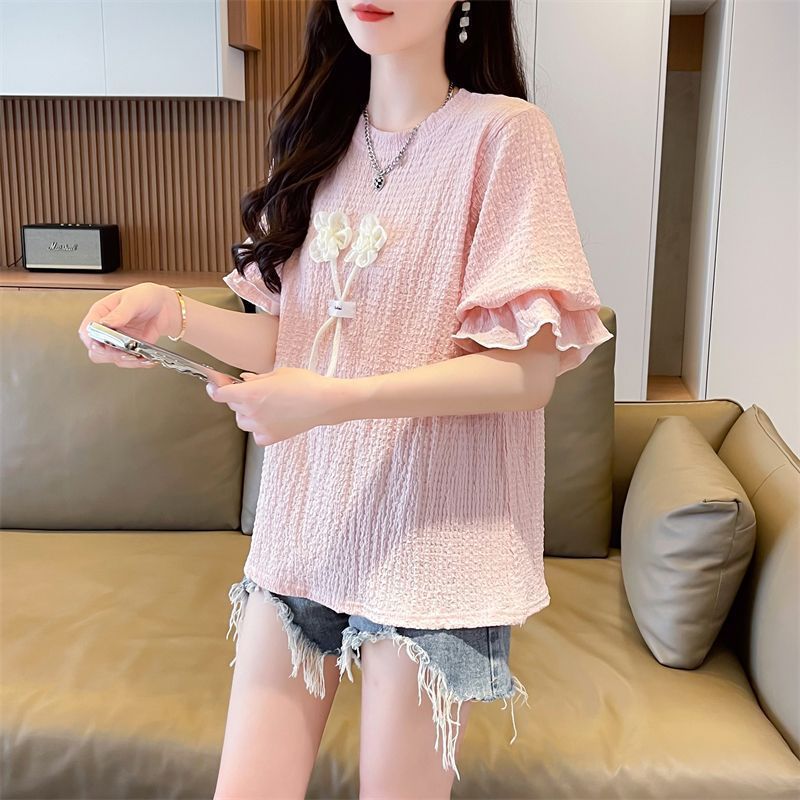 Sensación de diseño de nicho camiseta de manga corta con manga de hoja de loto para mujer verano versión coreana suelta de gran tamaño para mujer color de contraste pequeño top image 9