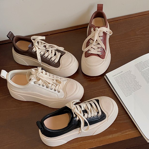 Grape Mom studiolee Genuine Leather All-match Round-toe Casual Sports Board Shoes Increased Thick Sole Old White Shoes for Women