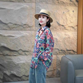 春夏新款印花衬衣女开衫复古风宽松减龄长袖碎花衬衫女防晒衣潮