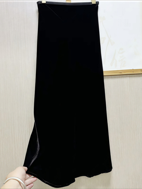 批发一件代发韩版丝绒开叉高腰百搭半身裙新款显瘦大摆A字裙长裙|undefined