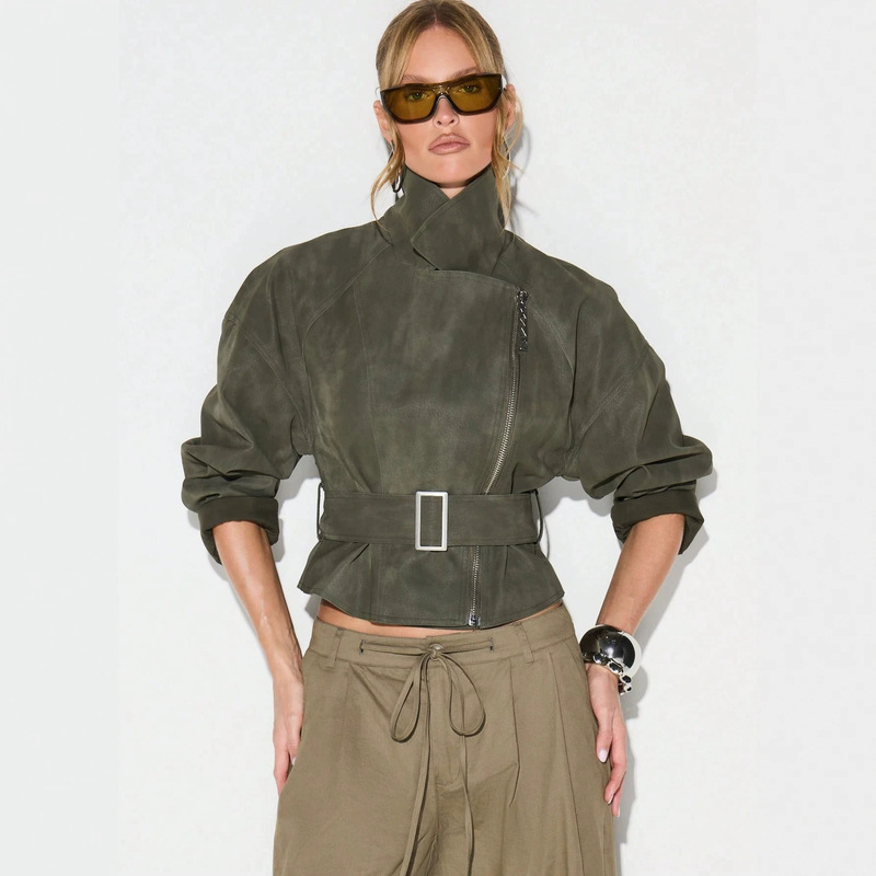 European and American cross-border popular faux suede short biker jacket for women with zipper, belt, stand-up collar, vintage workwear jacket European and American cross-border popular faux suede short biker jacket for women with zipper, belt, stand-up collar, vintage workwear jacket