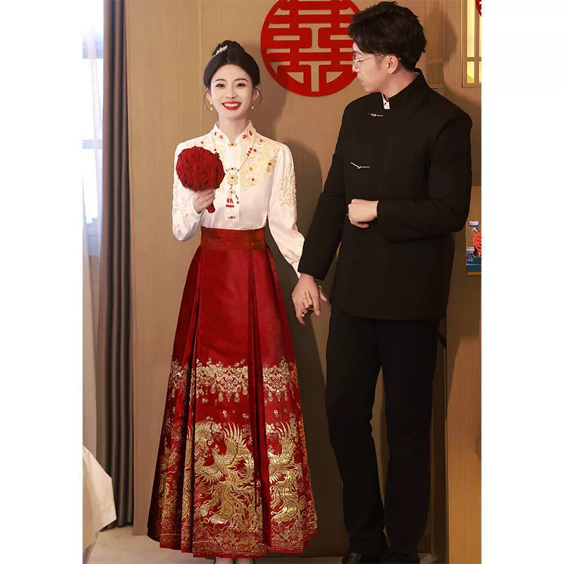 Set, evening dress, wedding dress for bride, plus size, Chinese style, with embroidery