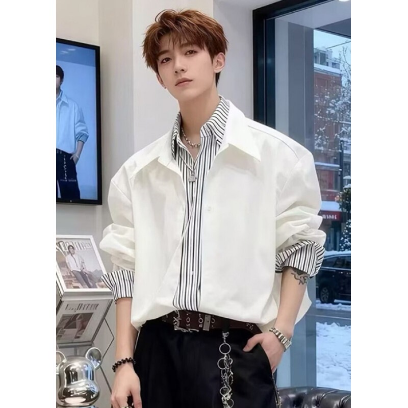 Fake Two-Piece Striped Shirt for Men and Women, Spring and Autumn Long-Sleeve Unique Shirt, Niche Lazy Style Loose Jacket Ck04