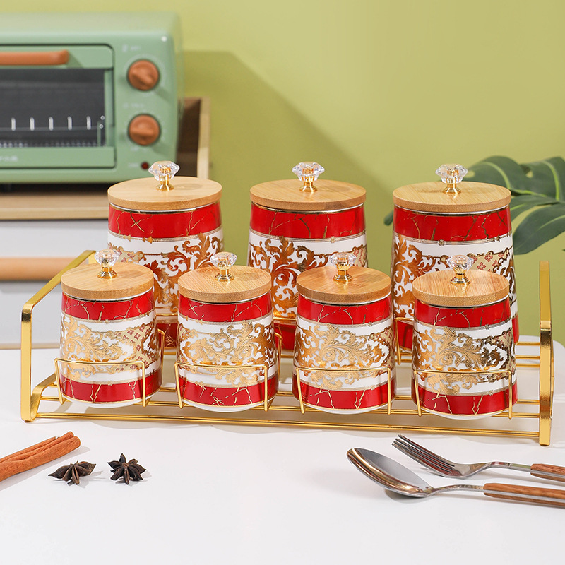 Juego de caja de condimento de comercio exterior de exportación frasco de condimento creativo con estante frasco de sellado de cerámica de lujo ligero frasco de almacenamiento de cocina