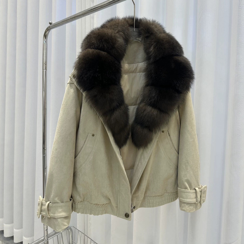 New autumn and winter suede down jacket with natural fox fur collar, 90% white duck down, loose and warm women's coat New autumn and winter suede down jacket with natural fox fur collar, 90% white duck down, loose and warm women's coat