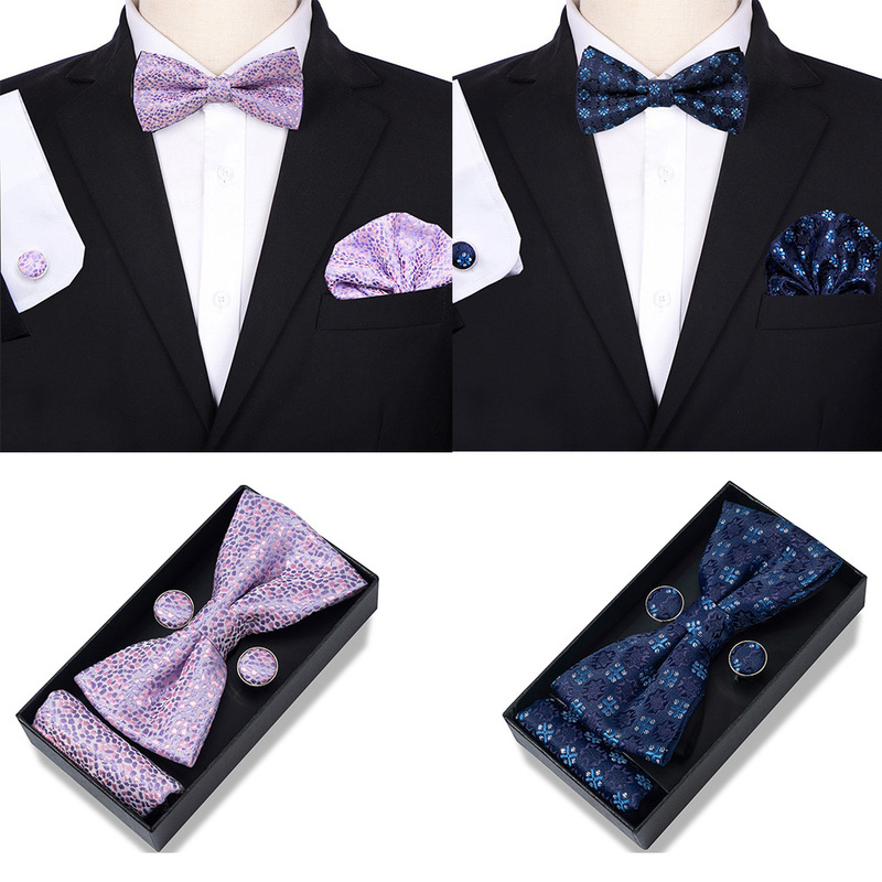 New Floral Multi-Color Bow Tie Set for Groom, Wedding Bow Tie Gift Box with Pocket Square and Cufflinks, Three-Piece Set New Floral Multi-Color Bow Tie Set for Groom, Wedding Bow Tie Gift Box with Pocket Square and Cufflinks, Three-Piece Set