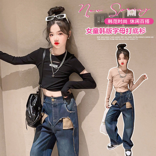 Foreign Trade Korean Version Spring  Fashion Trendy Girls' Set Including Big Kid Long-Sleeve T-Shirt, Denim Jeans, and Pants Hip-Hop
