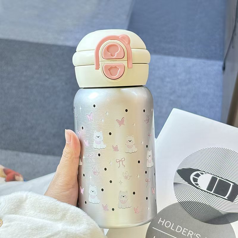 Taza termo de gatito simple, linda chica de alto valor, taza de sorbente para estudiantes, taza para beber doble de acero inoxidable 316 para niños