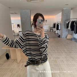 韩国chic秋季新款复古气质圆领撞色宽松百搭韩系长袖条纹针织衫女
