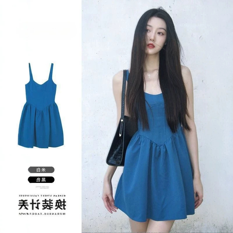 Girly Klein Blue Dress for Women, New Summer Style, Cute and Age-Reducing, Chic Tie-Up Dress for Petite Figures Girly Klein Blue Dress for Women, New Summer Style, Cute and Age-Reducing, Chic Tie-Up Dress for Petite Figures