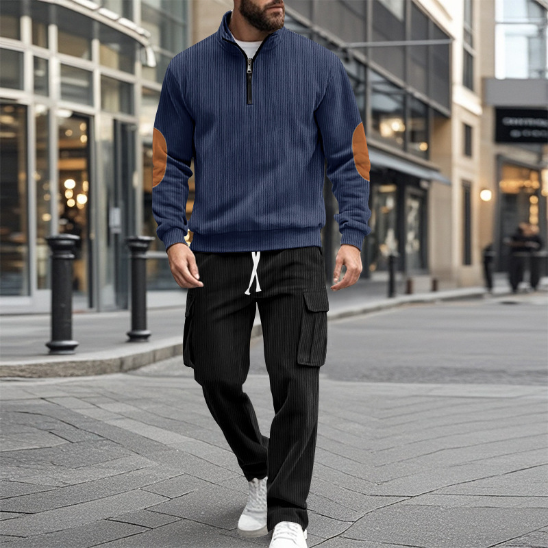 Men's Corduroy Quarter-zip Pullover And Trousers Lounge Set_voghion.com