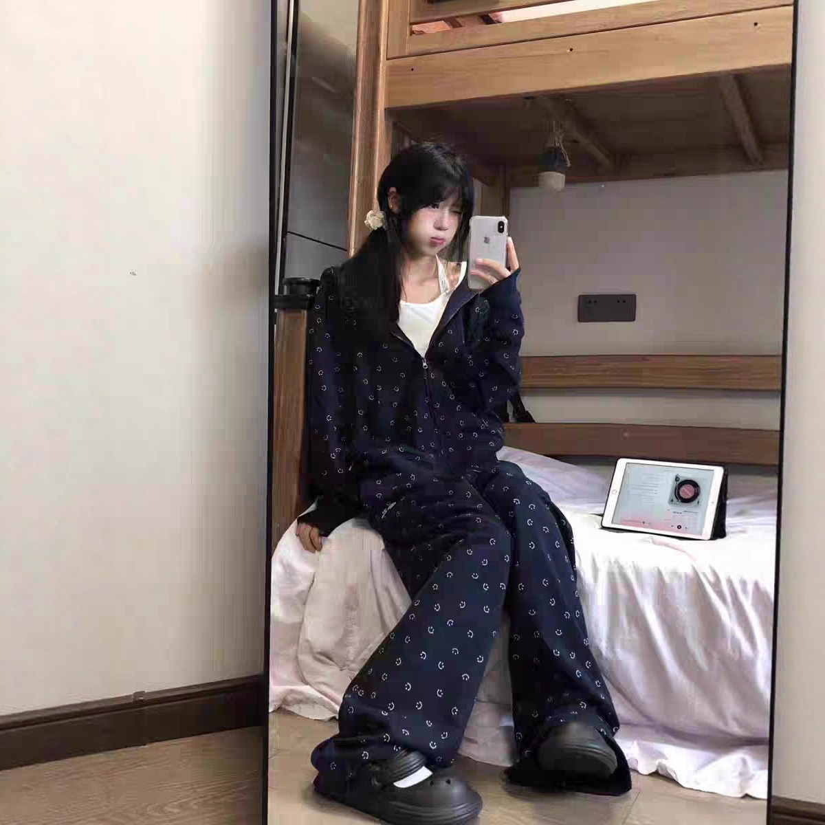 Spring and Autum Korean Preppy Loose Lazy Style Hooded Zipper Cardigan Sweatshirt Jacket Wide Leg Pants Two-Piece Set for Women