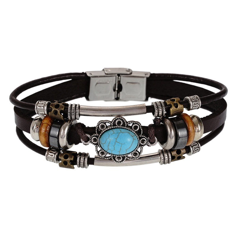 Cross-Border New Style Turquoise Stainless Steel Leather Bracelet European and American Handmade Woven Men's Leather Jewelry for Scenic Spots and Travel