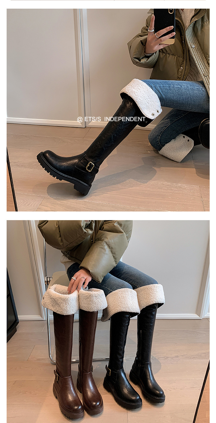 Boot nữ cổ cao qua gối hai lớp gấp gọn, lót lông cừu ấm áp, phong cách hiệp sĩ — màu đen chi tiết 14