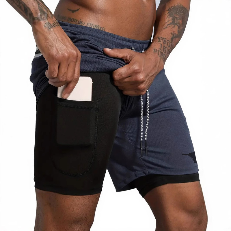 DK001 mobile phone pants cow's head logo, men's summer outdoor double-layer two-in-one quick-drying sports shorts