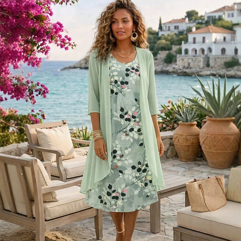 European and American Hot-Selling Independent Site Amazon Wish Spring and Autumn Fashionable and Elegant Chiffon Dress Two-Piece Set