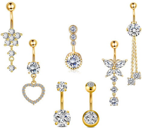 9つのステンレスのへその輪の組み合わせの銅はジルコンの水滴のへその輪の円形のハート型のへその釘のメーカーの現物を入れます。