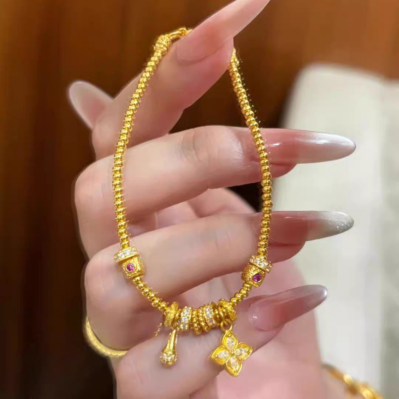Sand Gold Jewelry New Chinese Style Imitation Gold Four-Leaf Clover Water Drop Gold Bead Bracelet Women's Niche High-End Jewelry Wholesale